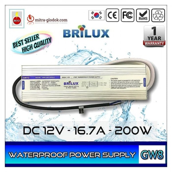 Power Supply Trafo Brilux DC 12V 16.7A | 200W (Waterproof)